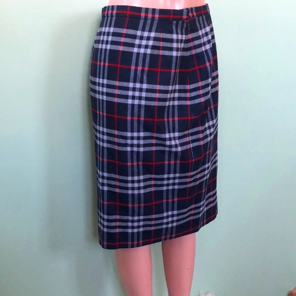 Burberry Women's Blue Plaid Wool Back Slit Zip Straight & Pencil Skirt
